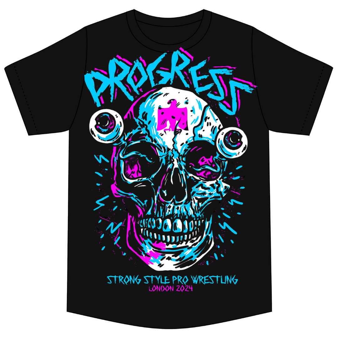 PROGRESS WRESTLING T SHIRT LONDON 2024 FEATURING PINK AND BLUE SKULL DESIGN