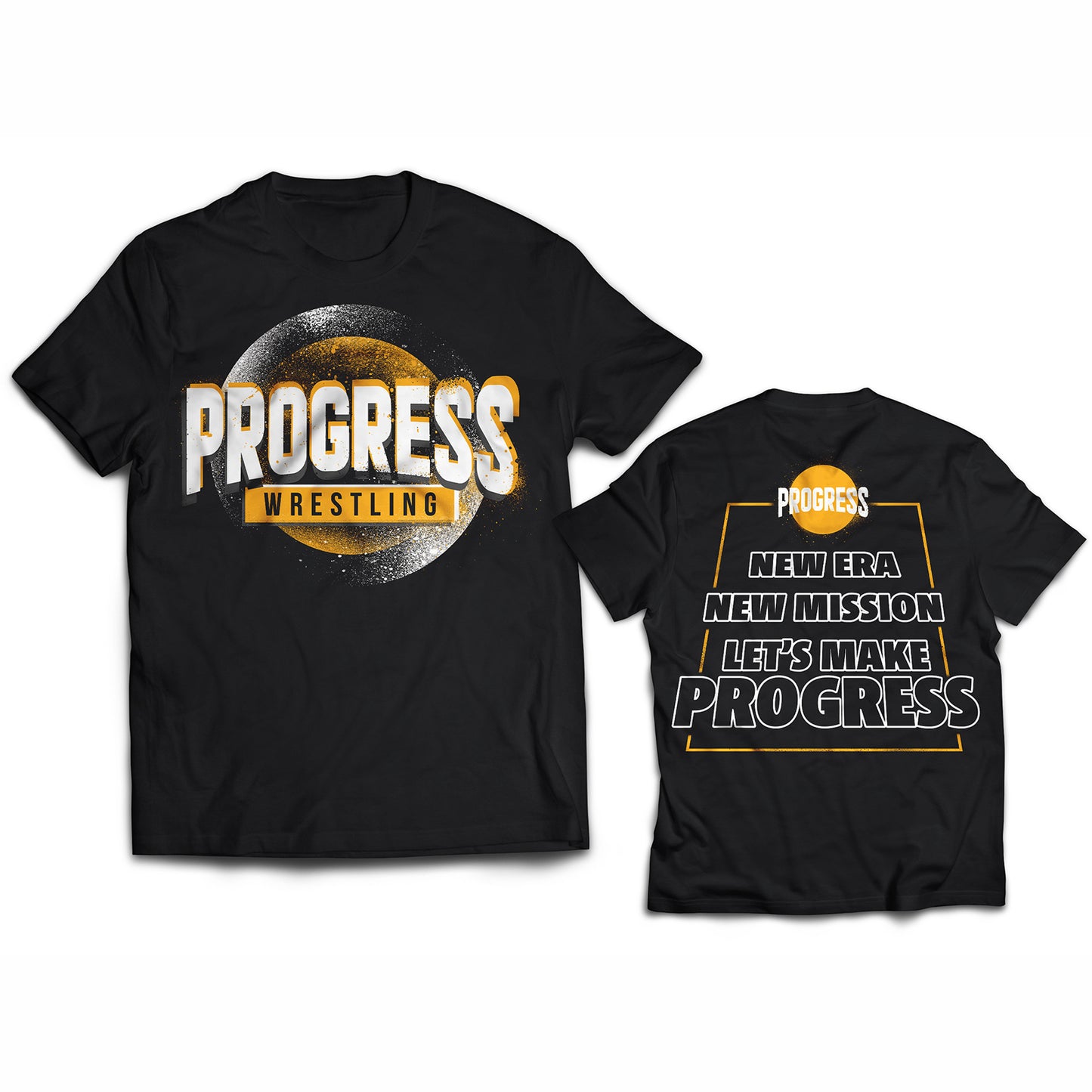 PROGRESS WRESTLING T SHIRT YELLOW & WHITE MOON PROGRESS WRESTLING LOGO