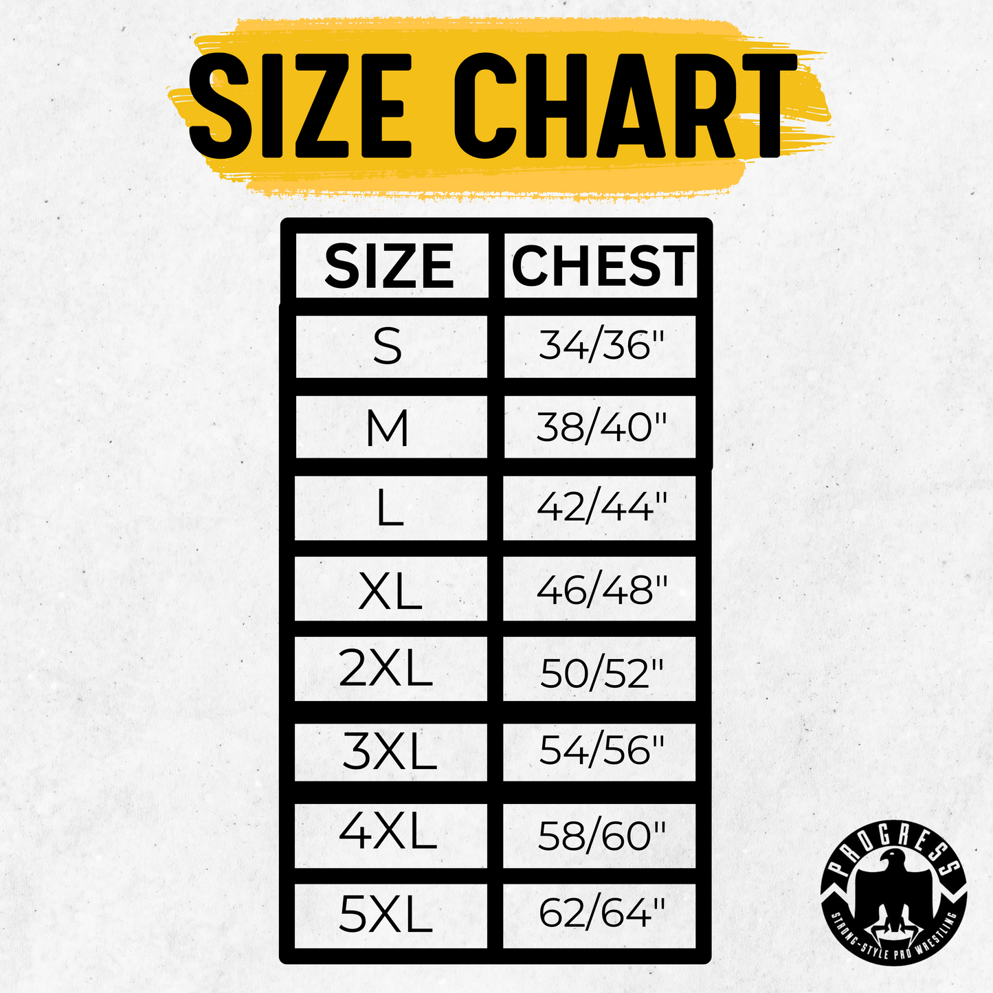 PROGRESS Wrestling Clothing Size chart