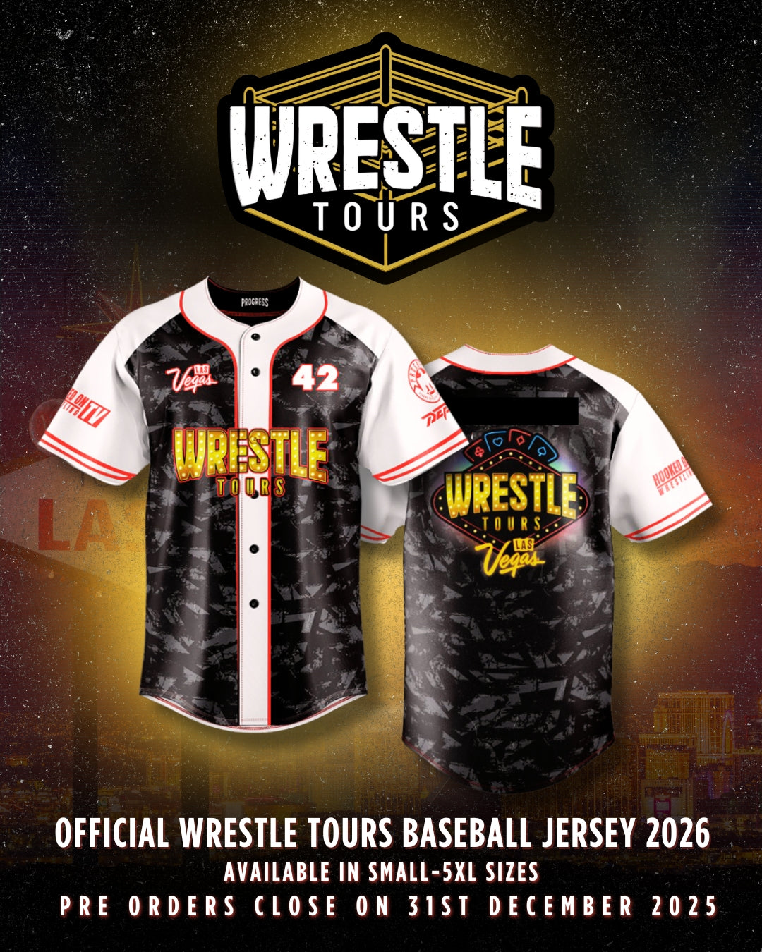 Baseball jersey with 'Wrestle Tours' branding on a dark background. Wrestle Tours Las Vegas 2026 Baseball Jersey – PROGRESS Wrestling merchandise featuring DEFY, Hooked On Wrestling TV & PROGRESS logos
